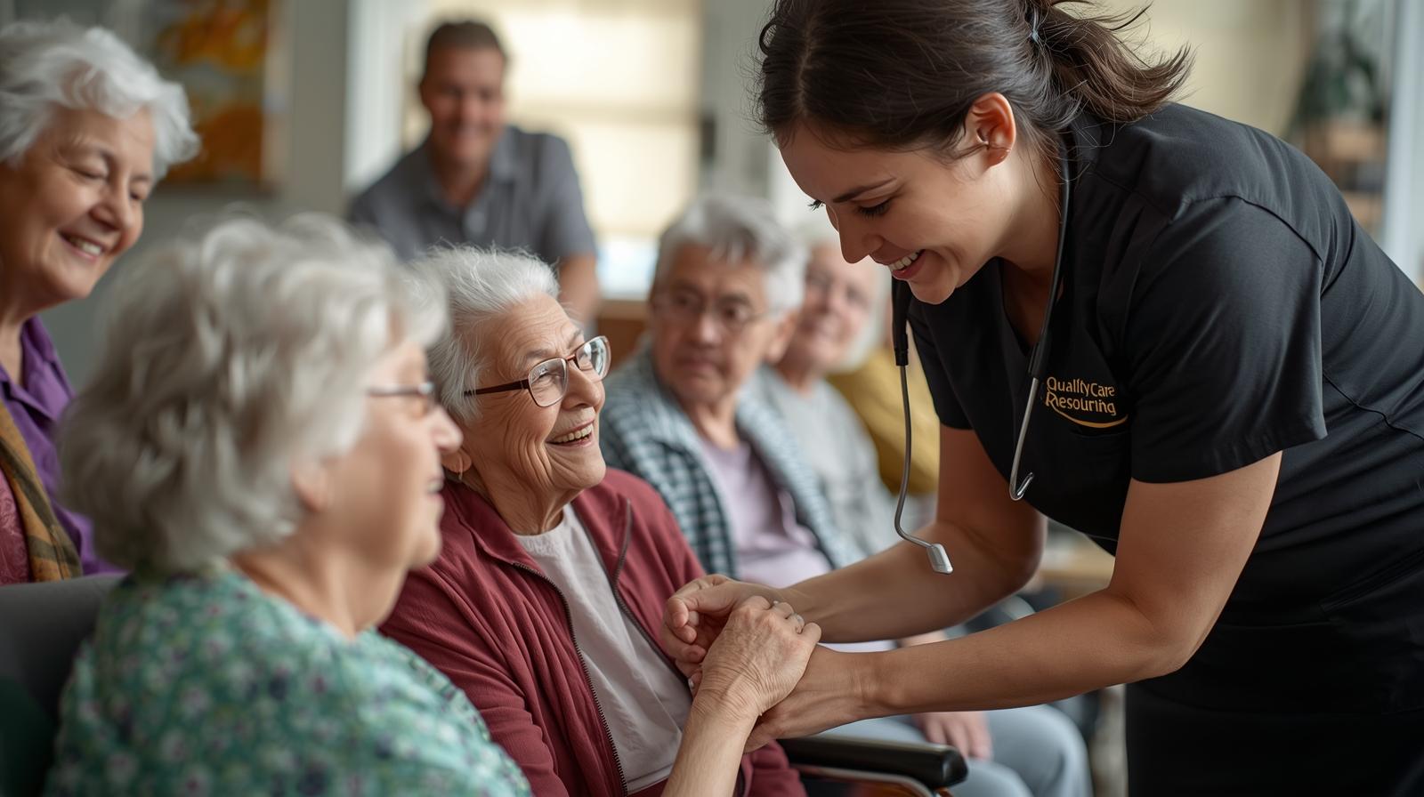 Compassionate elderly home care nurse with patient